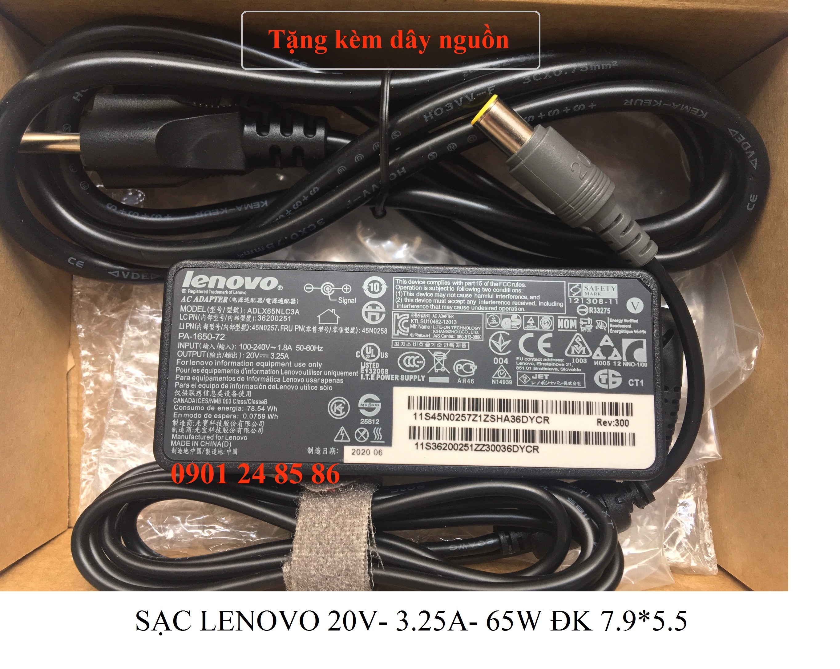 Sạc Laptop Lenovo, Sạc Lenovo, Adapter Laptop Lenovo Original, Lenovo 20V-3.25A-65W 7.9MM*5.5MM Chân Kim